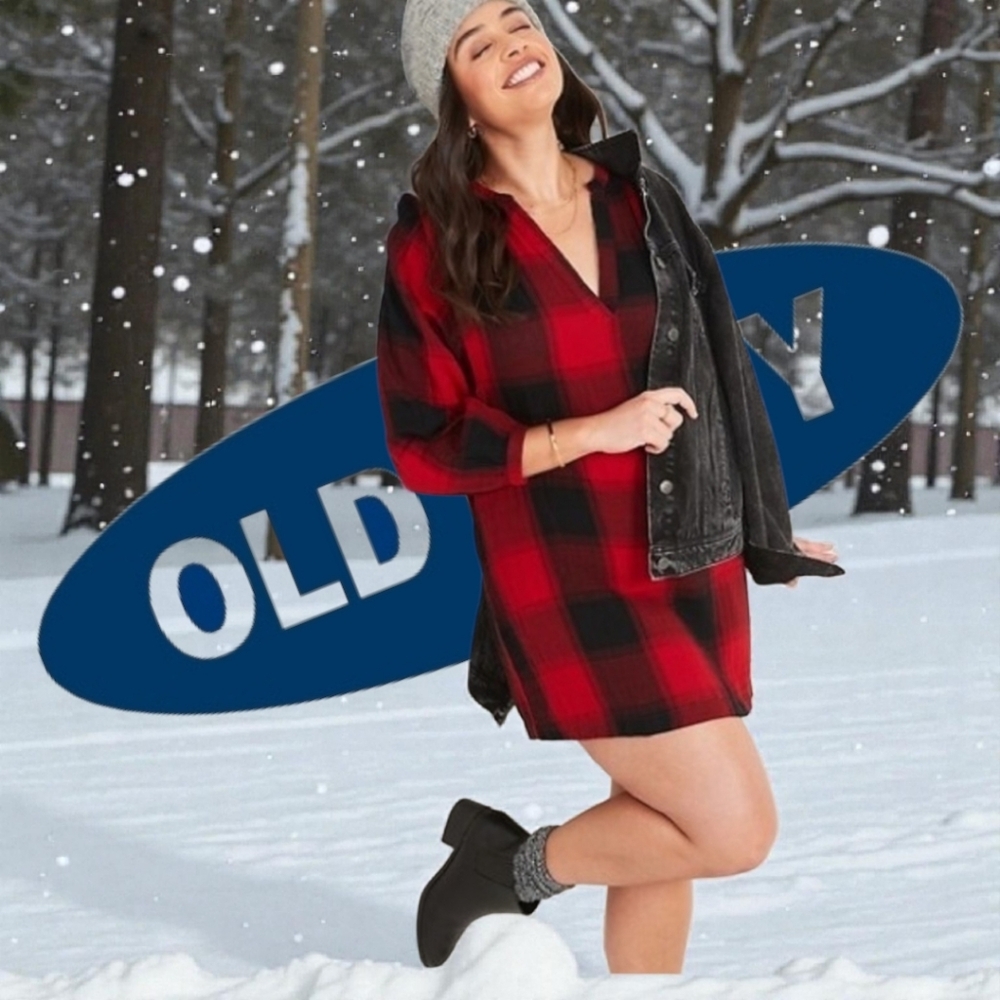 Old Navy Red & Black Buffalo Plaid Long Slvs Mini Dress Split Neck Pockets MED-T
